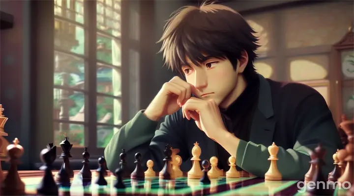 Ghibli style anime of a guy thinking about his next move in chess