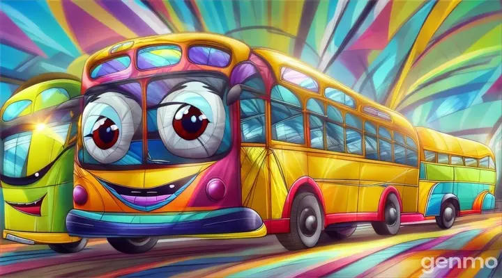 a cartoon bus with big eyes driving down a road