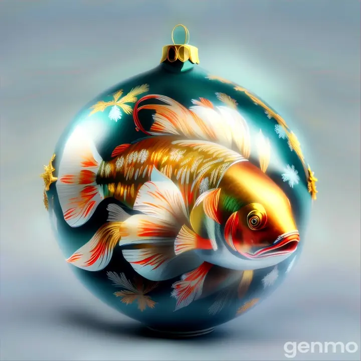 a christmas ornament with a gold fish painted on it