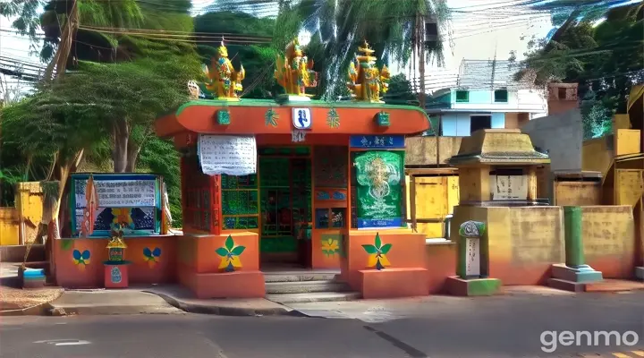 a motorcycle parked in front of a small shrine