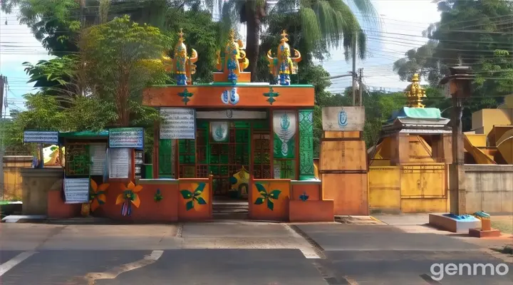 a motorcycle parked in front of a small shrine