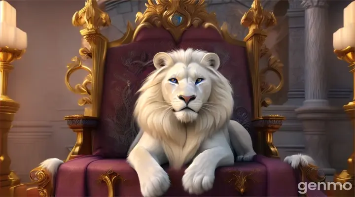 A beautiful white lion sitting on his throne . Create in Pixar style animation 