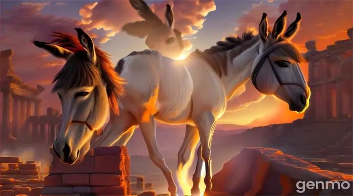 Majestic donkey over ancient ruins at sunset, vibrant flames, digital painting