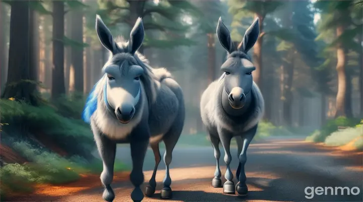 A grey donkey walking proudly in a vibrant blue forest. Create in Pixar style animation 3d 