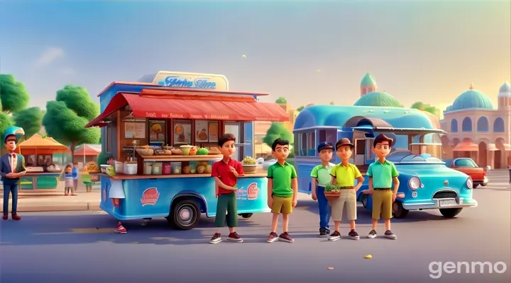 a group of people standing in front of a food truck