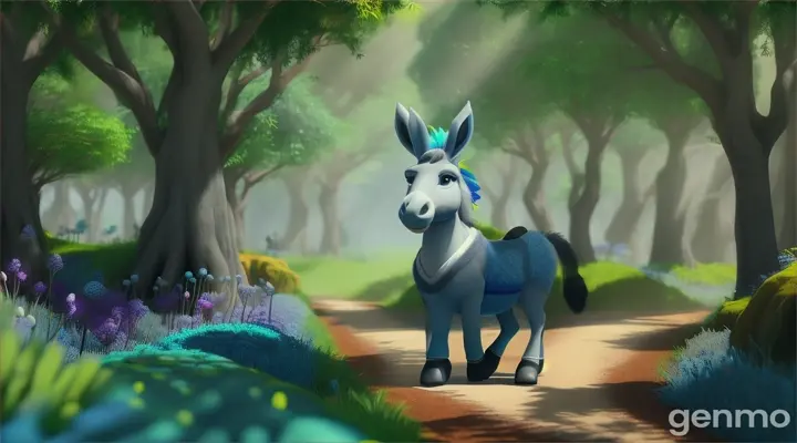 A grey donkey walking proudly in a vibrant blue forest. Create in Pixar style animation 3d 