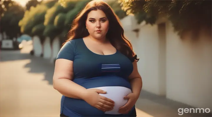 beautiful pragnent Russian fat woman plus size, Long hair, navy blue cotton summer mini t-shirt with cotton shorts, broad neck shirt, shoulder tattoos, plus size posing for a picture Haifa 