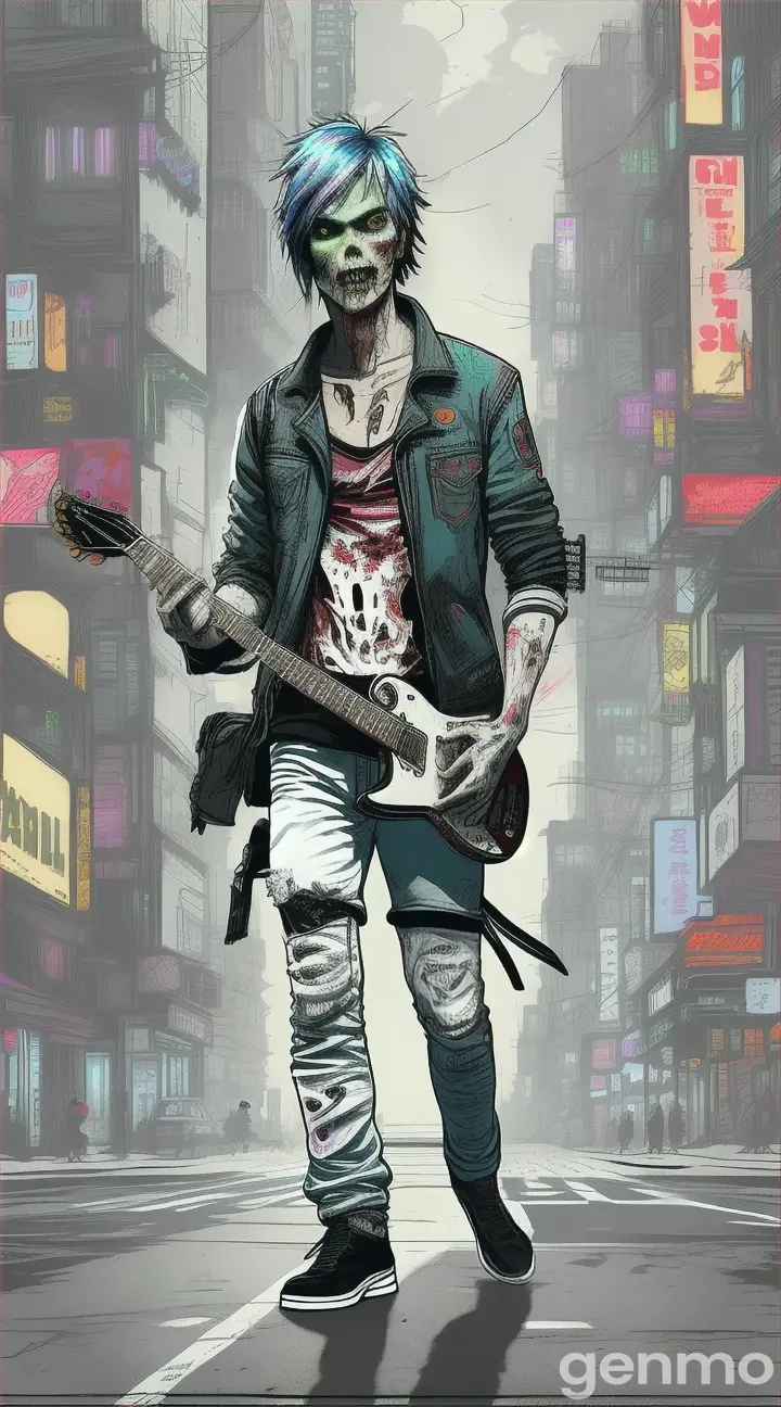 handgezeichneter Zombie der die strasse mit gitarre herunter läuft im stil von andy warhole cyberpunk ganzkörper aufnahme