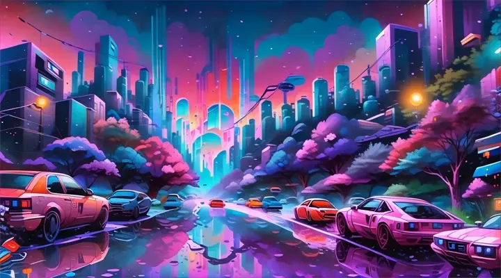 a painting of cars driving down a city street