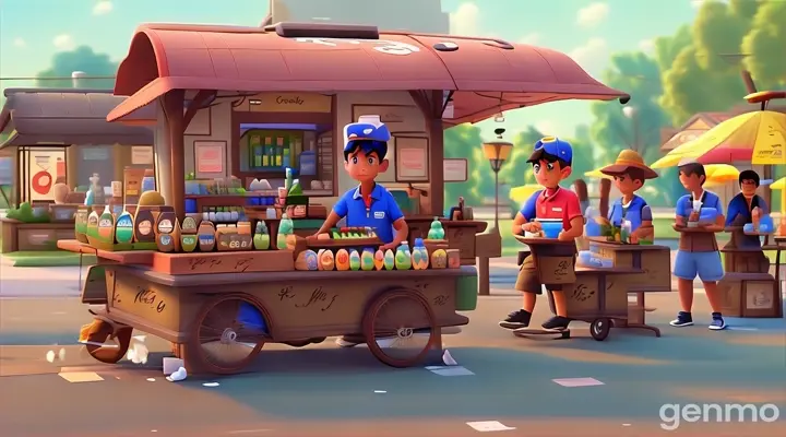 a cartoon character selling drinks from a cart