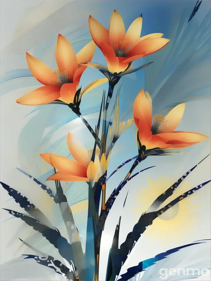 Drawing (brushstrokes with strokes, dashes, blots): three stylized Strelitzia flowers with stems flowers. against a background of blue sky and stylized sun with rays. On an abstract background with spots and strokes in 7277ff shades. To highlight: high in the sky is a yellow sun with clear rays. Рисунок (мазки со штрихами, черточками, кляксами): ТРИ стилизованных цветка Стрелиция со стеблями. на фоне голубого неба и стилизованного солнца с лучами. На абстрактном фоне с пятнами и штрихами в оттенках цвета 7277ff . Выделить особо: высоко в небе жёлтое солнце с чёткими лучами.