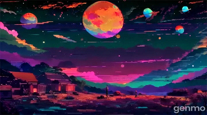 a painting of a sunset with planets in the sky with a small building to the side and a person in the middle