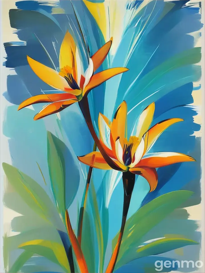 Drawing (brushstrokes with strokes, dashes, blots): three stylized Strelitzia flowers with stems flowers. against a background of blue sky and stylized sun with rays. On an abstract background with spots and strokes in 7277ff shades. To highlight: high in the sky is a yellow sun with clear rays. Рисунок (мазки со штрихами, черточками, кляксами): ТРИ стилизованных цветка Стрелиция со стеблями. на фоне голубого неба и стилизованного солнца с лучами. На абстрактном фоне с пятнами и штрихами в оттенках цвета 7277ff . Выделить особо: высоко в небе жёлтое солнце с чёткими лучами.