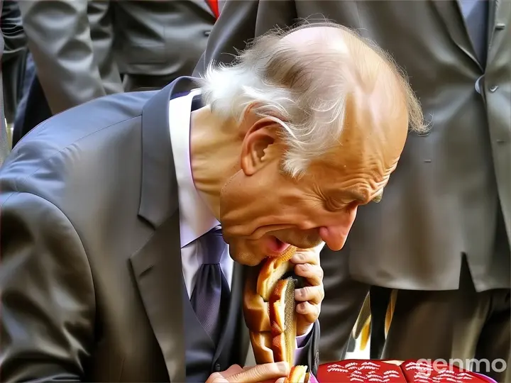 a man in a suit eating a sandwich. A time traveler appears and steals the sandwich 