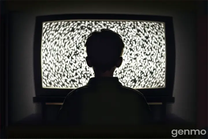 little boy sitting in front of an analog television set watching static in the dark