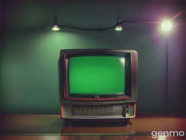 an old vintage television in a smoky room with a green screen 