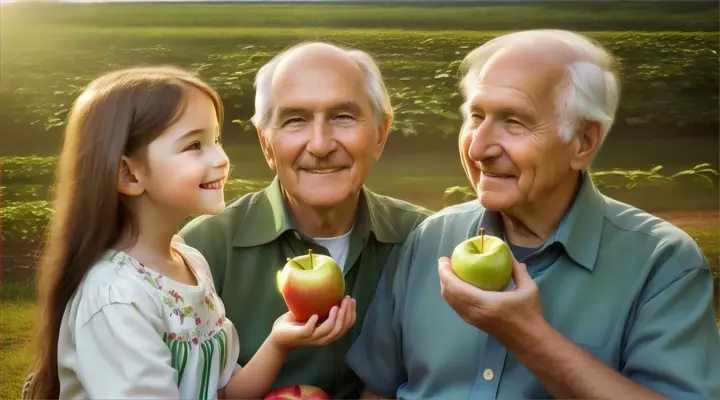 while behind her, a young girl is holding a green apple with a puzzled expression. To the right, an elderly man with a warm smile is savoring a juicy bite of his apple. The background showcases a beautiful, panoramic view of an apple orchard, with different species of apples hanging from the trees, symbolizing the universal appeal of this beloved fruit.