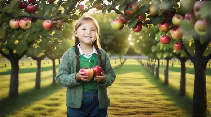 while behind her, a young girl is holding a green apple with a puzzled expression. To the right, an elderly man with a warm smile is savoring a juicy bite of his apple. The background showcases a beautiful, panoramic view of an apple orchard, with different species of apples hanging from the trees, symbolizing the universal appeal of this beloved fruit.