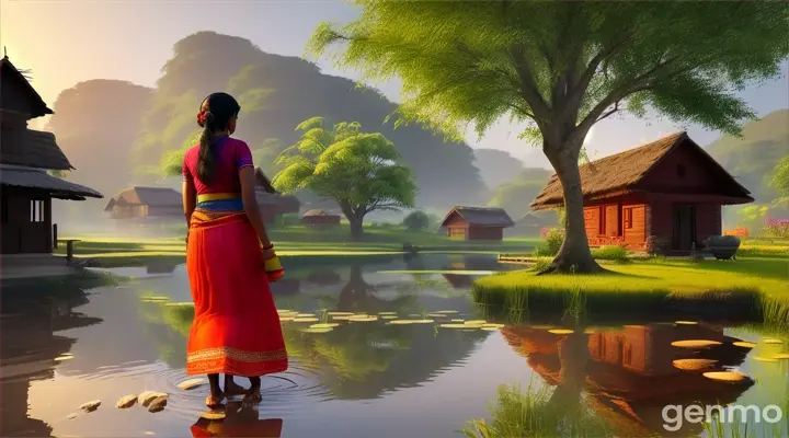  A rural village setting with a peaceful, natural environment. The scene is presented in vibrant 3D, with rich, saturated colors and detailed textures that bring the traditional and serene surroundings to life. Prabha walks away from the tree,tying a medium-sized pot around her waist, preparing to fetch water from pond