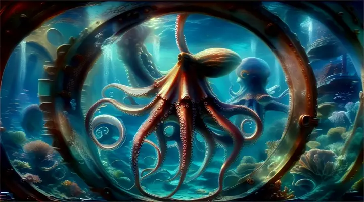 a realistic video in hd an underwater scene with an octopus in a porthole