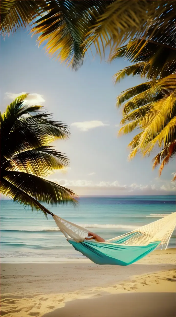 A calm beach scene with a hammock strung between palm trees, hinting at lazy summer afternoons