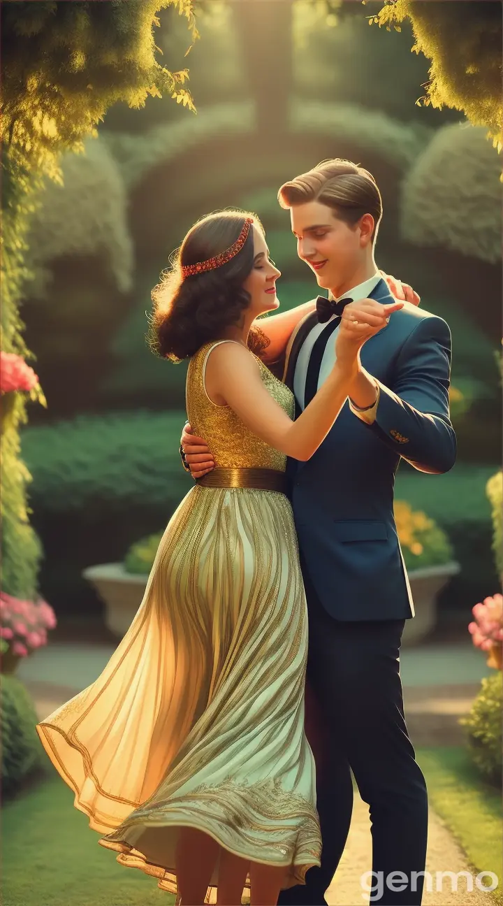 a lady and a young man dance in the garden 