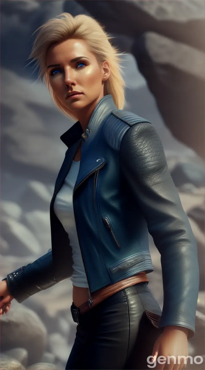 Create a hyper-realistic fantasy image of a young woman emerging from rocks, visible blue veins, looks like rock start, wearing leather jacket. Exposion of rocks, destruction by tornado The scene should be dynamic with intricate details, featuring photorealistic textures, dramatic lighting, and vivid colors. Use a cinematic style with high contrast and sharp focus. Gray details