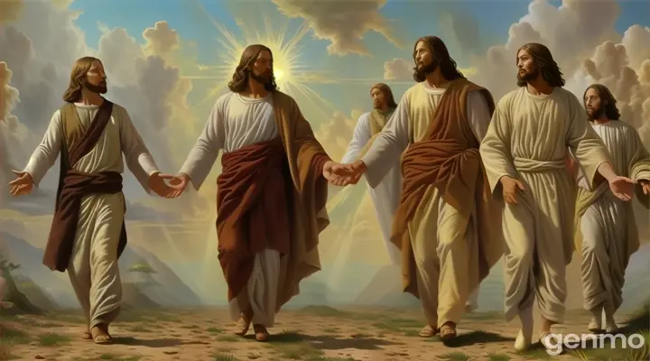 a painting of jesus walking with two other men