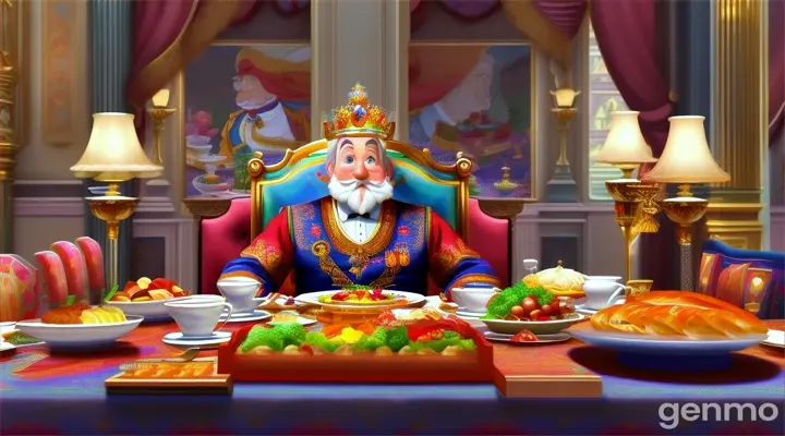 Cartoon very beautiful 60 years old king sit in dinning table and eating food 