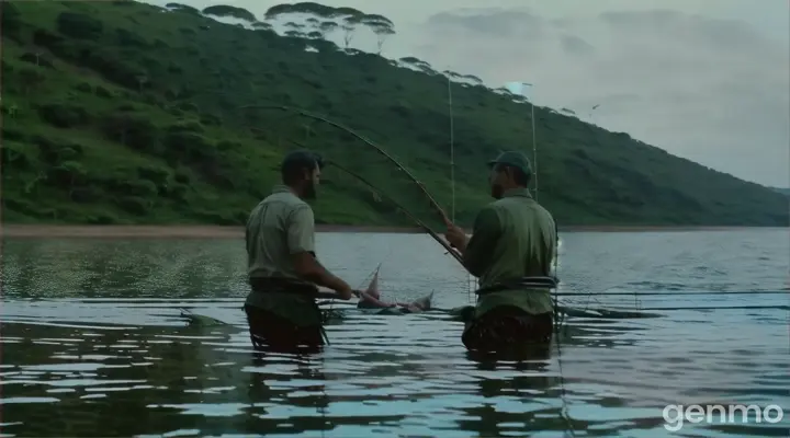 two men in the water with fishing rods