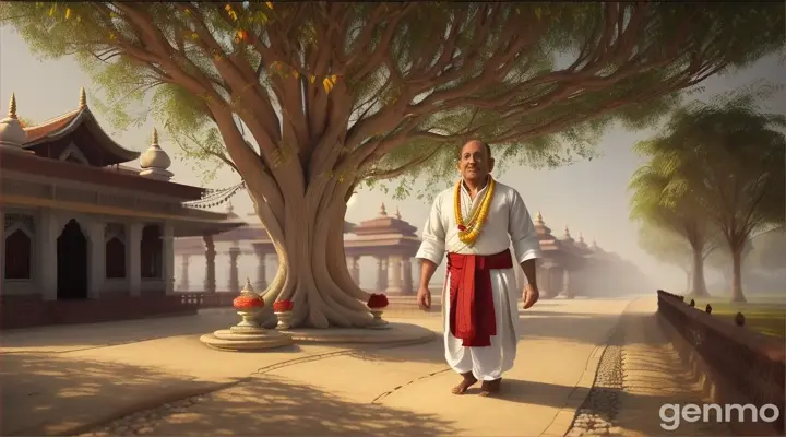 Narayan is a 45-year-old man with a fair complexion, a Brahmin priest with a white beard, wearing a traditional white dhoti and a red scarf on his shoulders walks away from the majestic tree in the courtyard,, moving towards the village road 3d rendering scene vibrant color