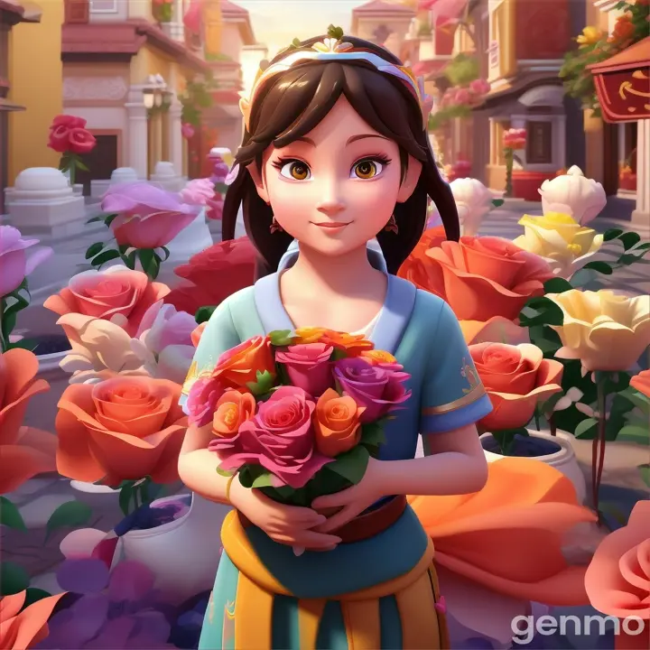 child lian carries in her hand a pot of flowers and roses, and there are many children around her
 3d cartoons