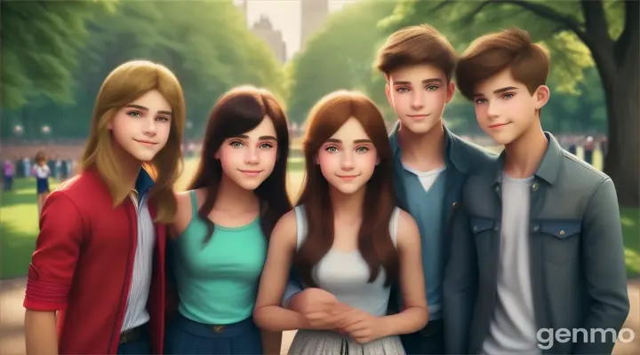 3d cartoon story style Planeteers: 3 teenagrs boys and 2 teenagers girls with magical rings , well dress in central park