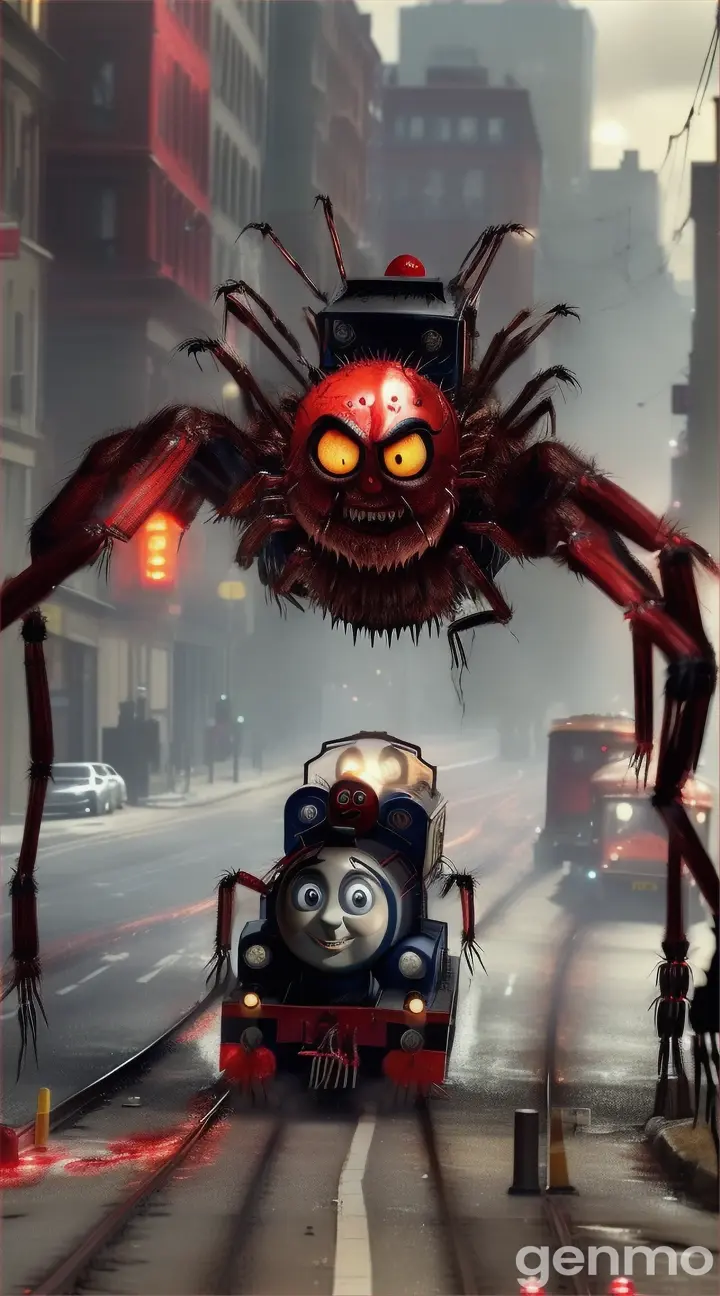 “A giant creepy (Thomas the tank engine)++,
 SPIDER LEGS TO IT, red liquid dripping out of the sharp teeth, PEOPLE RUNNING AWAY FROM IT, IN USA street”