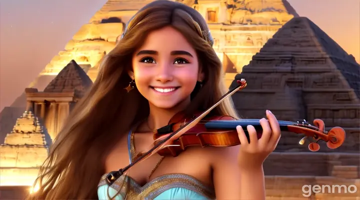 n front of the ancient pyramids of Egypt, at night, many stars shine in the sky, and a young, beautiful, fair-skinned, long-haired girl is playing the violin, and the girl is smiling.