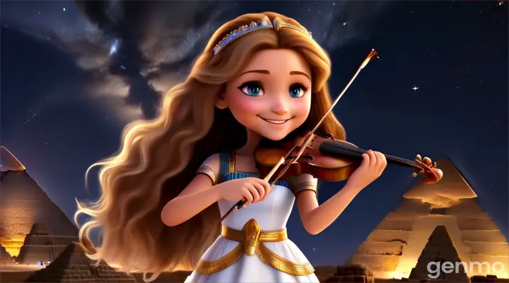 In front of the ancient pyramids of Egypt, at night, many stars shine in the sky, and a young, beautiful, fair-skinned, long-haired girl is playing the violin, and the girl is smiling.