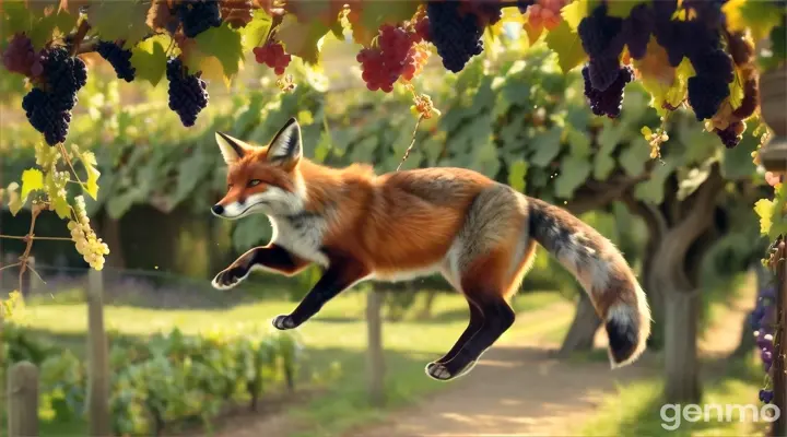 a fox jump to attain grapes from grapes vine in grapes garden 16:9