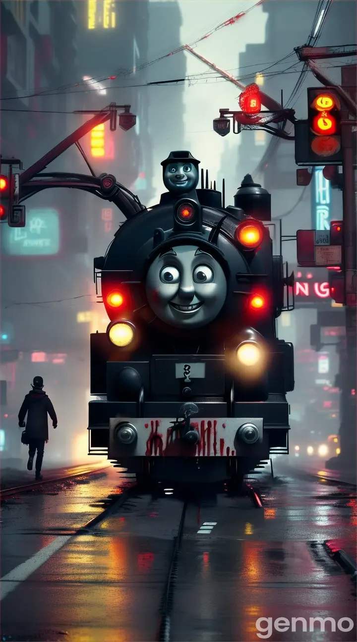 “A giant creepy (Thomas the tank engine)++,
 SPIDER LEGS TO IT, red liquid dripping out of the sharp teeth, PEOPLE RUNNING AWAY FROM IT, IN USA street”