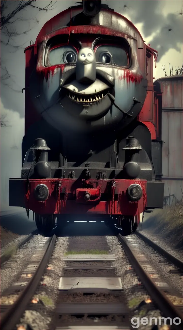 THOMAS THE TRAIN with SPIDER LEGS TO IT, red liquid dripping out of the sharp teeth with flies