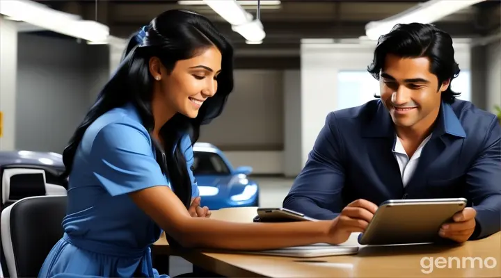 inside the car garage, at the office chamber, a smiling man with slicked back surfer black hair in sky blue coat with white undershirt and a young woman with long black hair in sky blue Dress sitting at a table looking at a tablet