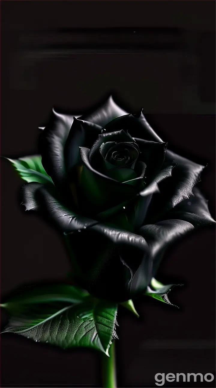 a black rose with green leaves on a black background