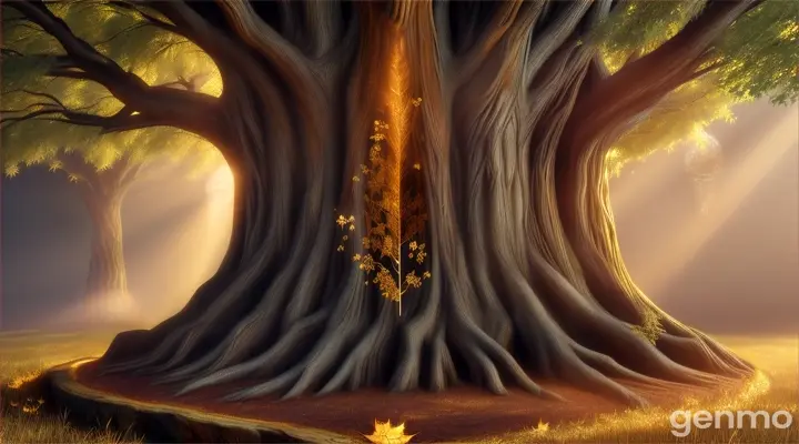 A large, ancient tree with golden leaves that shimmer in the light. A wooden door with intricate carvings is set into the trunk, slightly ajar, hinting at the magic inside.
   - **Visual Elements:** Golden leaves, detailed wooden door, mystical aura around the tree.