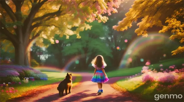 "Come on, Buddy, let's go exploring the Incredible Wonderland!" Shelly said. The two friends set off down the path, taking in all the whimsical sights and sounds of this magical place. The trees were covered in swirling rainbow leaves, the flowers spokshelly is a little girl and buddy her dog he is browne in rhyming verses, and the clouds above them were shaped like fluffy animal friends.