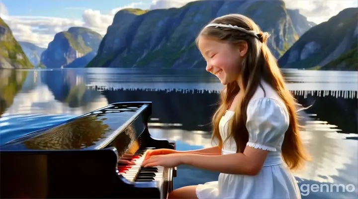 In the Nærøyfjord in Norway, with bright sunshine and blue sky and white clouds, a young and beautiful girl with fair skin and long hair is playing the piano. The girl is smiling.