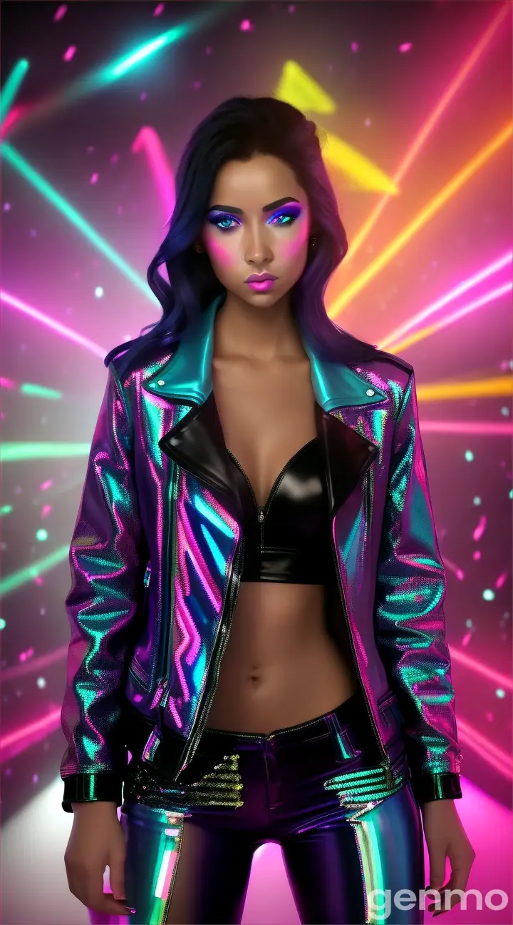 Create a hyper-realistic fantasy image of a young woman emerging from a vibrant, neon-lit discotheque. She has visible blue veins and exudes the aura of a rock star, wearing a sequined leather jacket and stylish club attire. The scene should capture the chaos of the discotheque, with swirling lights and shattered disco balls creating a dynamic and intense atmosphere. Incorporate intricate details, photorealistic textures, dramatic lighting, and vivid colors. Use a cinematic style with high contrast and sharp focus, emphasizing the lively, pulsating energy of the scene with gray accents.