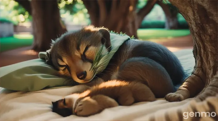 capturing the entire courtyard with the majestic tree at its center, its large branches and leaves casting a cool, soothing shade. mongoose sitting next to 9 month old baby boy peacefully sleeping on a soft blanket under the shade of the tree.
Close-up of the child’s serene face, highlighting the innocence and tranquility of sleep.