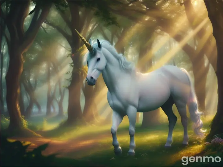 a white unicorn, just strolling in dense forest, magical setting. 