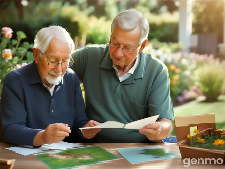 An elderly father and son working together on a garden project.
A mother receiving a handmade card from her grandchildren.