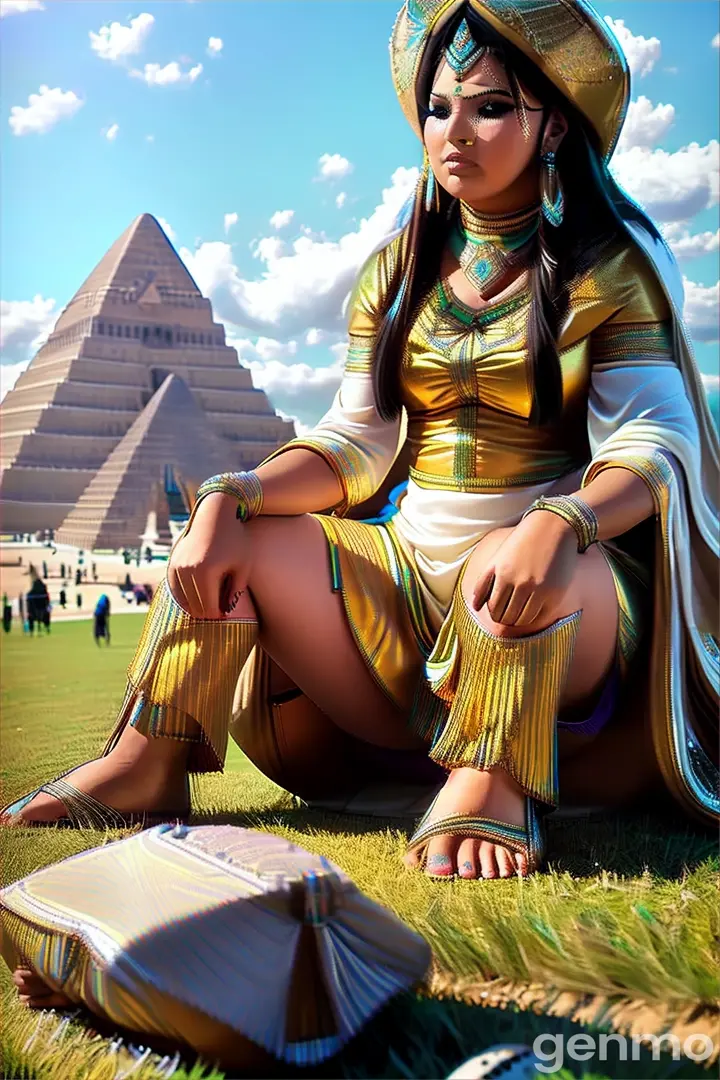 a woman sitting on the ground in front of a pyramid