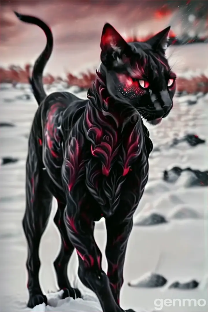 a black cat screaming with red eyes standing in the snow